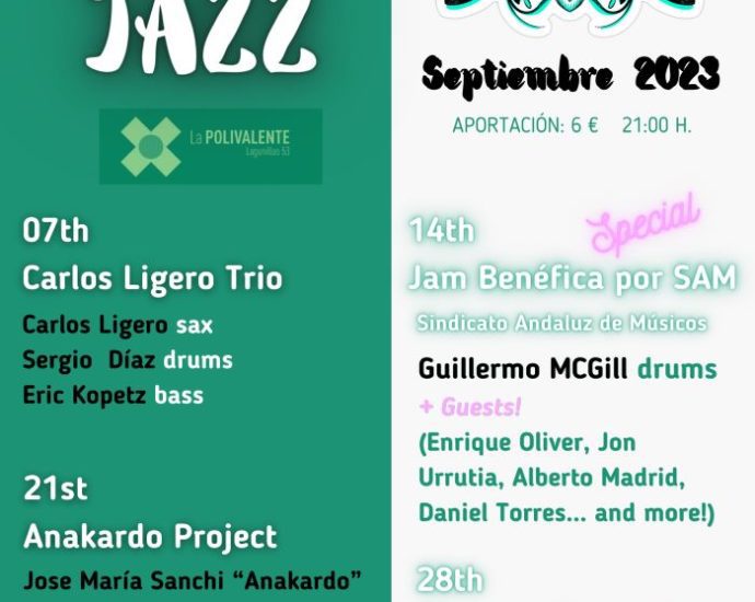 Polijazz Septiembre 2023 (Sala La Polivalente, Málaga. 7 al 28 de septiembre de 2023) [Noticias de jazz] - Tomajazz 9.0 - Entre el 7 y el 28 de septiembre de 2023 tendrá lugar en Sala La Polivalente (Málaga), el ciclo Polijazz Septiembre 2023 #Ciclodejazz #FestivalDeJazz #Festivalesdejazz #Noticiasdejazz