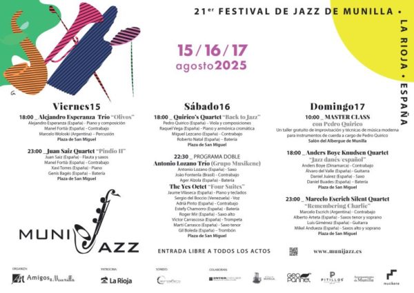 21ª Edición Munijazz 2025 (Munilla, La Rioja. 15 al 17 de agosto de 2025) [Noticias de jazz] - Tomajazz - Festival Munijazz 2025 celebra su 21ª edición del 15 al 17 de agosto en Munilla (La Rioja), con entrada libre y una programación de conciertos y actividades en la Plaza de San Miguel y el Salón del Albergue de Munilla #Noticiasdejazz