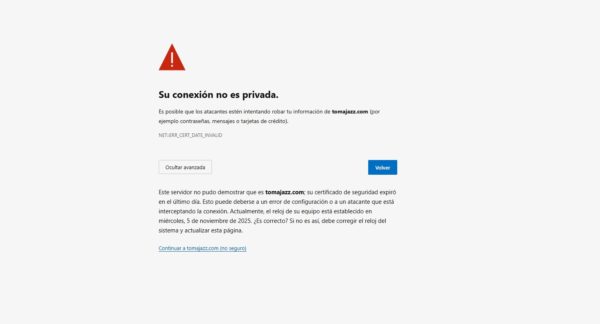 Perdonen las molestias... estamos experimentando problemas [¿Tomajazz fuera de juego? ¡¡¡No, ni de broma!!! ¡¡¡¡Estamos trabajando en ello!!!!] - Tomajazz - En Tomajazz estamos sufriendo problemas con el acceso... estamos trabajando en ello... y es posible acceder al contenido... que está, parece, a un par de certificados de distancia... No estamos fuera de juego. Estamos trabajando por solucionarlo. Perdonen las molestias.