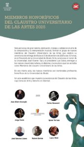 Claustro Universitario de las Artes 2025 (Alcalá de Henares, 3 de diciembre de 2025) [Noticias de jazz] - Tomajazz - El 3 de diciembre se celebra en Alcalá la ceremonia del Claustro Universitario de las Artes 2025 con reconocimiento a Carles Benavent, Jorge Pardo, Laura Simó, Ignasi Terraza, Rubem Dantas y José Sánchez Lianes